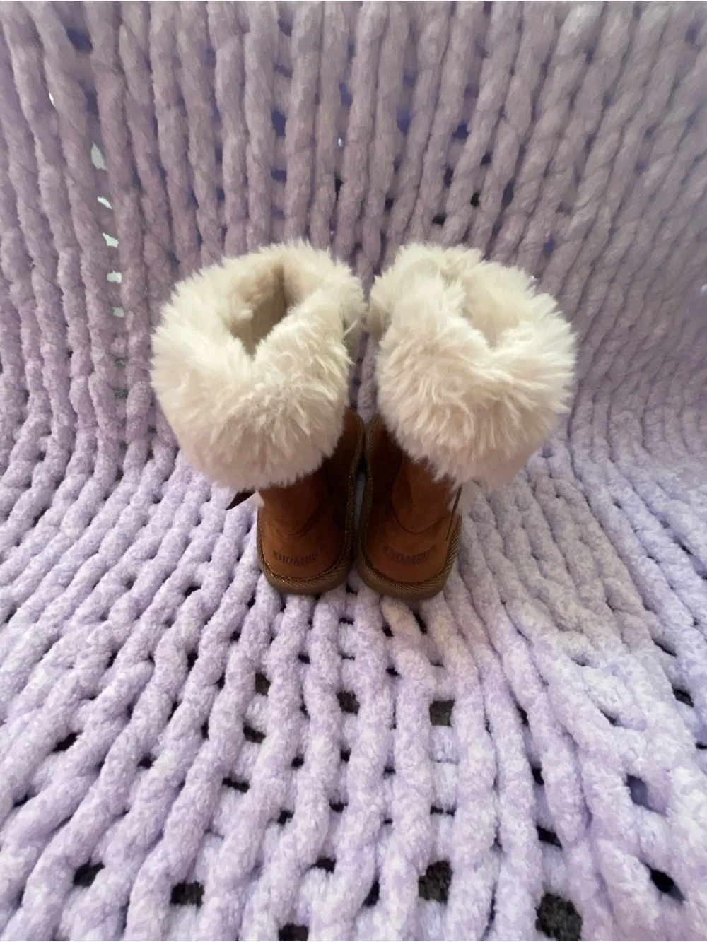 Girls' Brown Faux Suede Winter Boots with Cream Fur Trim